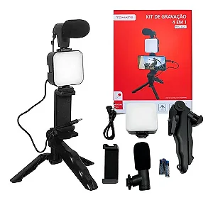 Kit Gravaçao 4 em 1 com Microfone, LED, Suporte Celular