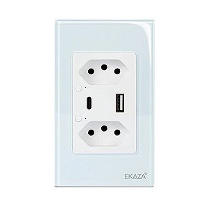 Tomada Dupla com USB-A+USB-C 16A Vidro 2.5D - BRANCA