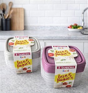 KIT 5 POTES QUADRADOS PLÁSTICO 530ML SANREMO