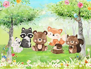 Painel de Festa em Tecido Sublimado 3d Bosque Florido dos Animais