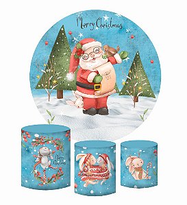 Kit Painel Redondo De Festa e Capas de Cilindro em tecido sublimado Natal Merry Christmas