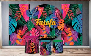 Super Kit Painel De Festa e Capas de Cilindro em tecido sublimado Farofa Tropical