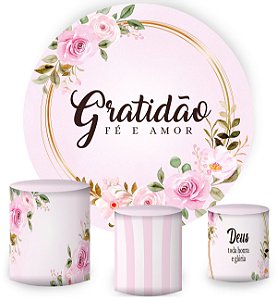 Kit Painel Redondo De Festa e Capas de Cilindro em tecido sublimado Gratidão Rosa