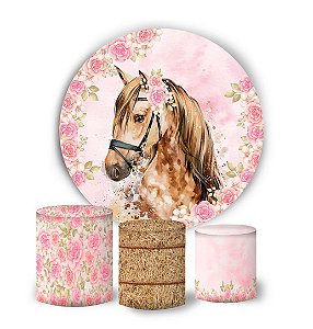 Kit Painel Redondo De Festa e Capas de Cilindro em tecido sublimado Cavalo Fundo Rosa