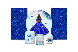 Super Kit Painel De Festa e Capas de Cilindro em tecido sublimado 15 Anos Azul Topázio