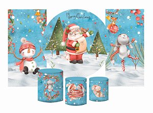 Super Kit Painel De Festa e Capas de Cilindro em Tecido Sublimado Merry Christmas