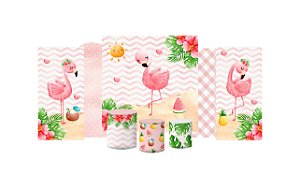 Kit Festa Pronta Painéis e Capas de Cilindro Em Tecido Flamingo Tropical