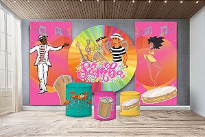 Super Kit Painel De Festa e Capas de Cilindro em tecido sublimado Samba