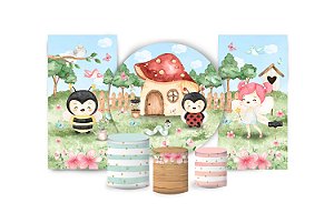 Super Kit Painel De Festa e Capas de Cilindro em tecido sublimado Casa Cogumelo Jardim
