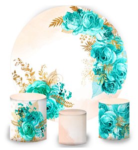 Kit Painel Redondo De Festa e Capas de Cilindro em tecido sublimado Floral Tiffany