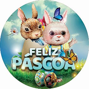 Painel de Festa Redondo em Tecido Sublimado Casal Coelhinhos de Páscoa