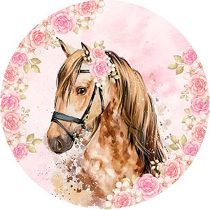 Painel de Festa Redondo em Tecido Sublimado Cavalo e Flores Rosas