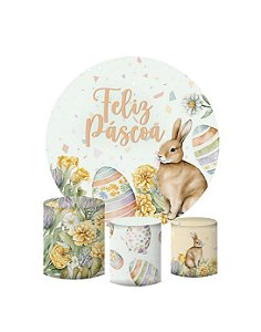 Kit Painel Redondo De Festa e Capas de Cilindro em tecido sublimado Páscoa Terrazzo e Flores