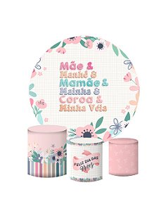 Kit Painel Redondo De Festa e Capas de Cilindro em tecido sublimado Dia das Mães e Manhes