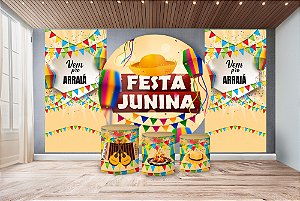 Super Kit Painel e Capas de Cilindro em tecido sublimado Festa Junina Chapéu 1,50m