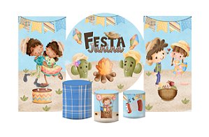 Super Kit Painel e Capas de Cilindro em tecido sublimado Festa Junina Fogueirinha 1,50m