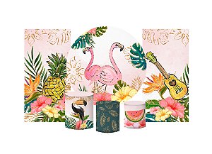 Super Kit Painel e Capas de Cilindro em tecido sublimado Flamingos Glitter Tropical 1,50m