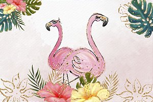 Painel de Aniversário em Tecido Sublimado Flamingo Tropical Glitter