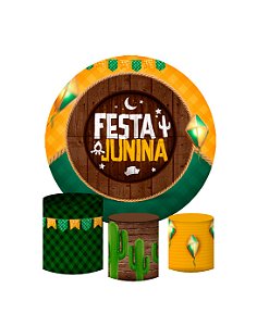 Kit Painel Redondo De Festa e Capas de Cilindro em tecido sublimado Festa Junina Verde Amarela