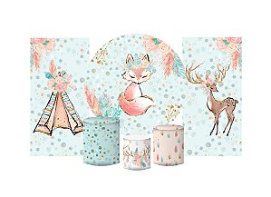 Super Kit Painel e Capas de Cilindro em tecido sublimado Animais Boho Glitter 1,50m