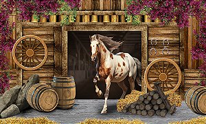 Painel de Festa em Tecido Sublimado Cavalo e Flores Estábulo