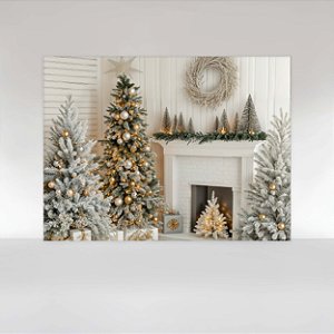 Painel de Festa em Tecido Sublimado Lareira com Árvores de Natal