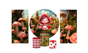 Super Kit Painel e Capas de Cilindro em tecido sublimado Chapeuzinho Vermelho 3D 1,50m