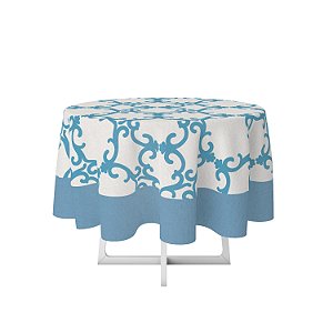 Toalha de Mesa de Festa Redonda em Tecido Sublimado Arabesco Azul 2,20m x 2,20m