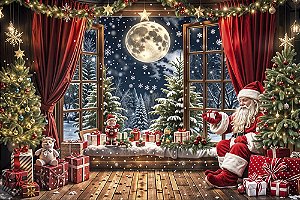 Painel de Festa em Tecido Sublimado Lua e Papai Noel Natal