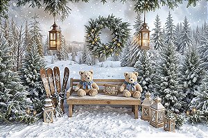 Painel de Festa em Tecido Sublimado Ursinho na Neve Natal