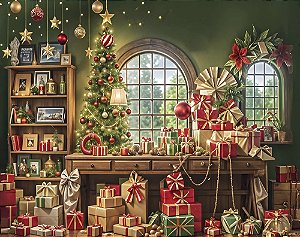 Painel de Festa em Tecido Sublimado Quarto dos Presentes de Natal