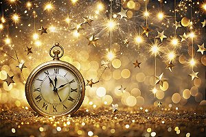Painel de Festa em Tecido Sublimado Ano Novo Relógio Dourado