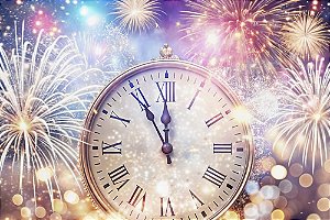 Painel de Festa em Tecido Sublimado Ano Novo Relógio Festivo