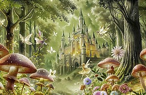 Painel de Festa em Tecido Sublimado Floresta e Castelo das Fadas