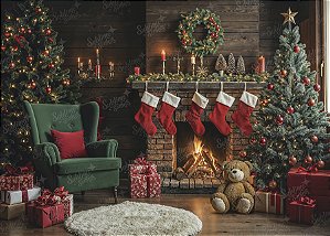 Painel de Festa em Tecido Sublimado Natal Lareira Poltrona e Ursinho