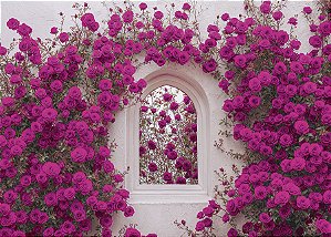 Painel de Festa em Tecido Sublimado Arco Floral Rosa Janela Romana