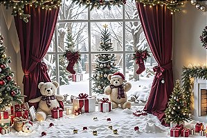 Painel de Festa em Tecido Sublimado Sala Com Janela de Natal