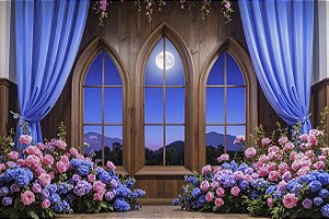 Painel de Festa em Tecido Sublimado Cortinas e Florais Rosa e Azul