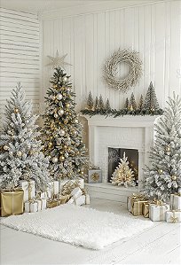 Fundo Fotográfico em Tecido Sublimado Lareira com Árvores de Natal
