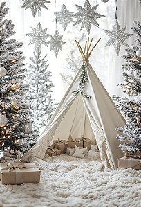 Fundo Fotográfico em Tecido Sublimado  Cabana com Presentes de Natal