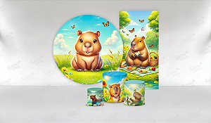 Super Kit Painel De Festa Casado e Capas de Cilindro em tecido Capivaras Cute