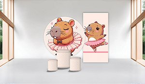Super Kit Painel De Festa Casado e Capas de Cilindro em tecido Capivara Bailarina