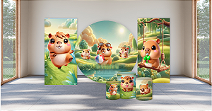 Super Kit Painel De Festa e Capas de Cilindro em tecido sublimado Capivaras Candy