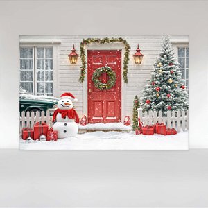Painel de Festa em Tecido Sublimado Natal Boneco de Neve