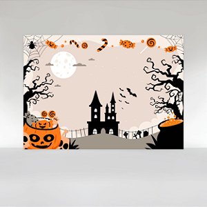 Painel de Festa em Tecido Sublimado Halloween Infantil Castelo Mal Assombrado