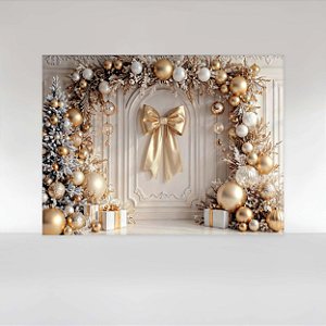 Painel de Festa em Tecido Sublimado Laço Dourado de Natal