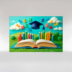 Painel de Festa em Tecido Sublimado Formatura ABC com Livro e Lápis Colorido