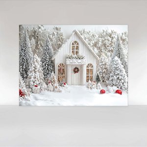Painel de Festa em Tecido Sublimado Casinha Branca com Neve de Natal