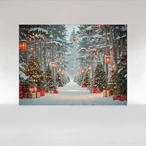 Painel de Festa em Tecido Sublimado Caminho com neve de Natal