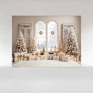 Painel de Festa em Tecido Sublimado Janela Romana com Presentes de Natal